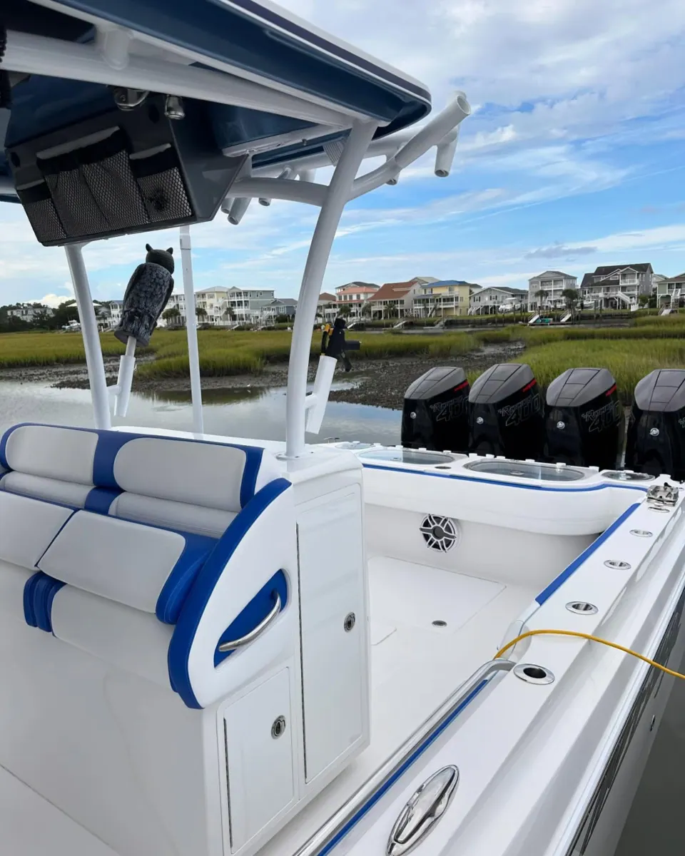 White deck and blue-and-white seating on a center console
