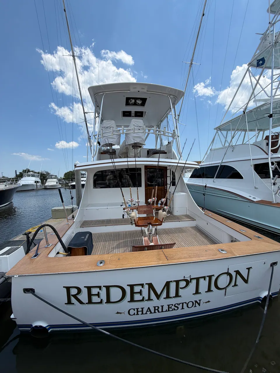 Sportfishing boat Redemption of Charleston at a marina slip